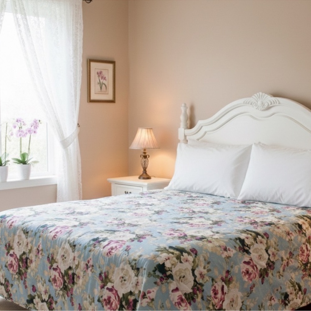 Vintage Comforter Elegant Floral Bedspread Cottage Vintage Quilt Pink Cream Rose